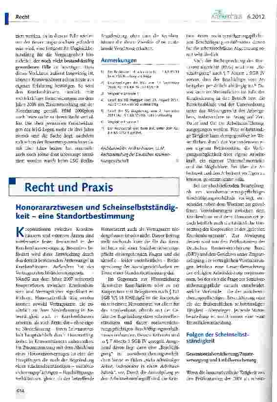 Vorschauseite 1: Honorararztwesen und Scheinselbstständigkeit - eine Standortbestimmung