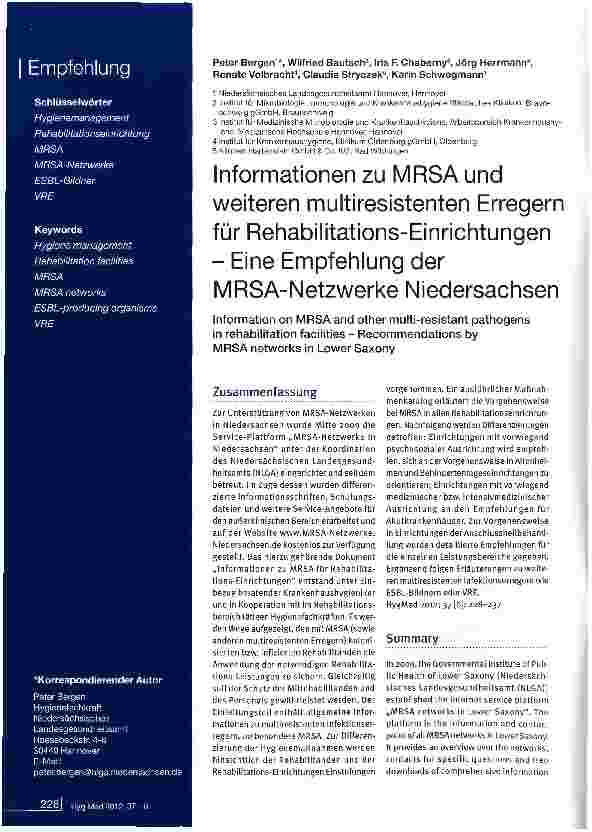 Vorschauseite 1: Informationen zu MRSA und weiteren multiresistenten Erregern für Rehabilitations-Einrichtungen - Eine Empfehlung der MRSA-Netzwerke Niedersachsen