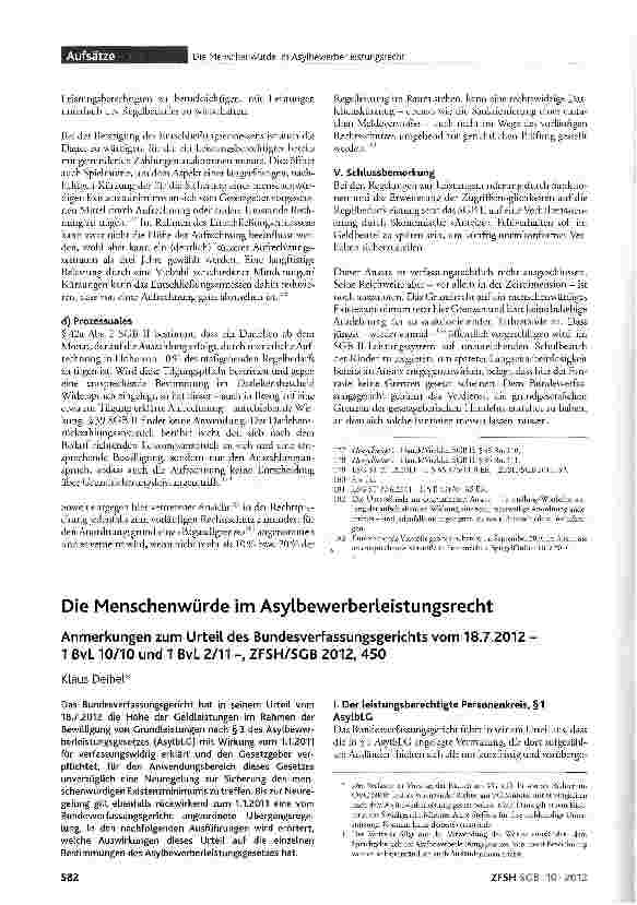Vorschauseite 1: Die Menschenwürde im Asylbewerberleistungsrecht Anmerkungen zum Urteil des Bundesverfassungsgerichts vom 18.7.2012 -1 BvL 10/10 und 1 BvL 2/11 - ZFSH/SGB 2012, 450