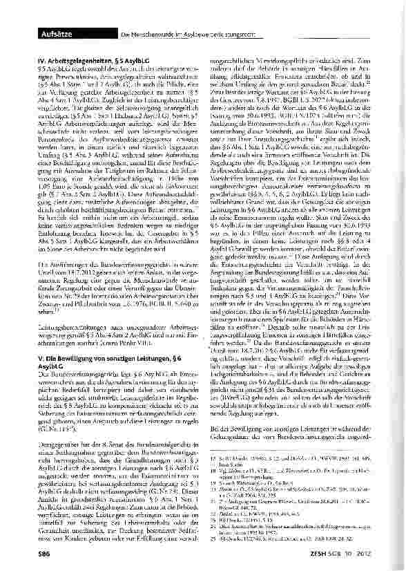 Vorschauseite 5: Die Menschenwürde im Asylbewerberleistungsrecht Anmerkungen zum Urteil des Bundesverfassungsgerichts vom 18.7.2012 -1 BvL 10/10 und 1 BvL 2/11 - ZFSH/SGB 2012, 450