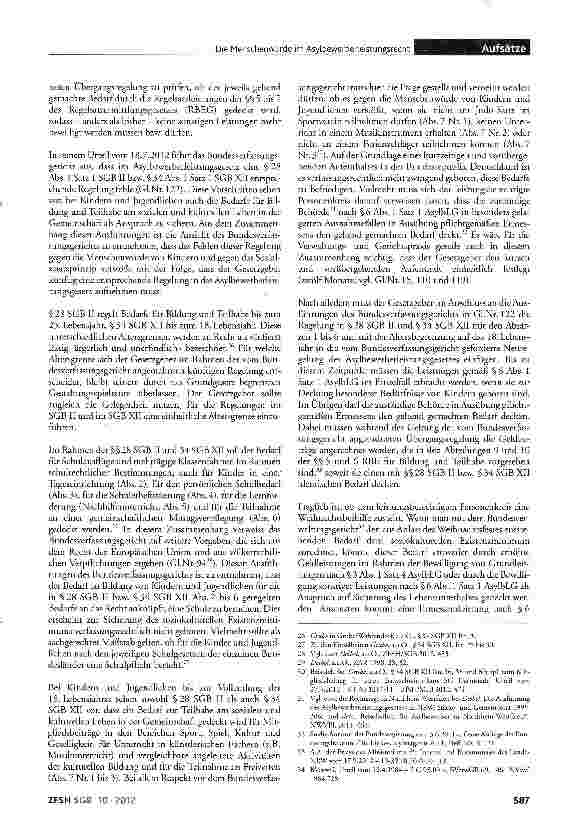 Vorschauseite 6: Die Menschenwürde im Asylbewerberleistungsrecht Anmerkungen zum Urteil des Bundesverfassungsgerichts vom 18.7.2012 -1 BvL 10/10 und 1 BvL 2/11 - ZFSH/SGB 2012, 450