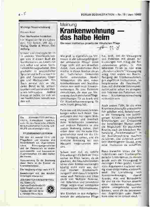Vorschauseite 1: Krankenwohnung - das halbe Heim Die neue Institution jenseits der Häuslichen Pflege