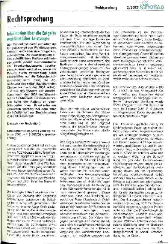 Vorschauseite 1: Rechtsprechung Information über die Entgelte wahlärztlicher Leistungen