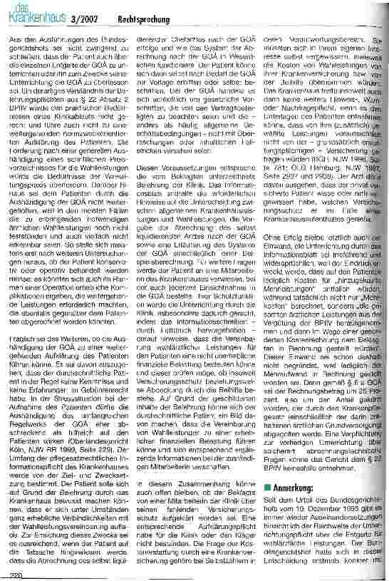 Vorschauseite 2: Rechtsprechung Information über die Entgelte wahlärztlicher Leistungen