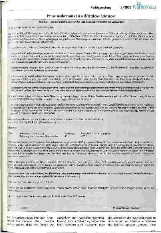 Vorschauseite 3: Rechtsprechung Information über die Entgelte wahlärztlicher Leistungen