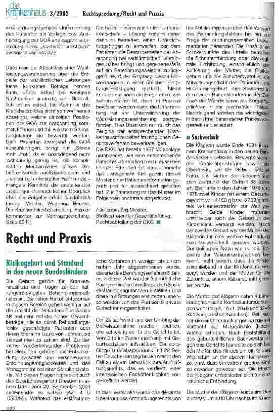 Vorschauseite 4: Rechtsprechung Information über die Entgelte wahlärztlicher Leistungen