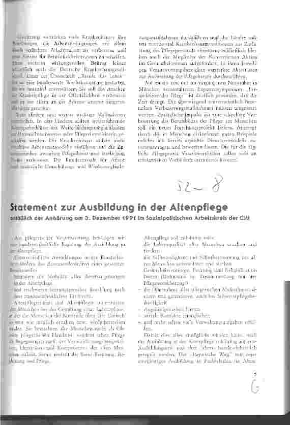 Vorschauseite 1: Statement zur Ausbildung in der Altenpflege anläßlich der Anhörung am 3.12.91 im Sozialpolitischen Arbeitskreis
