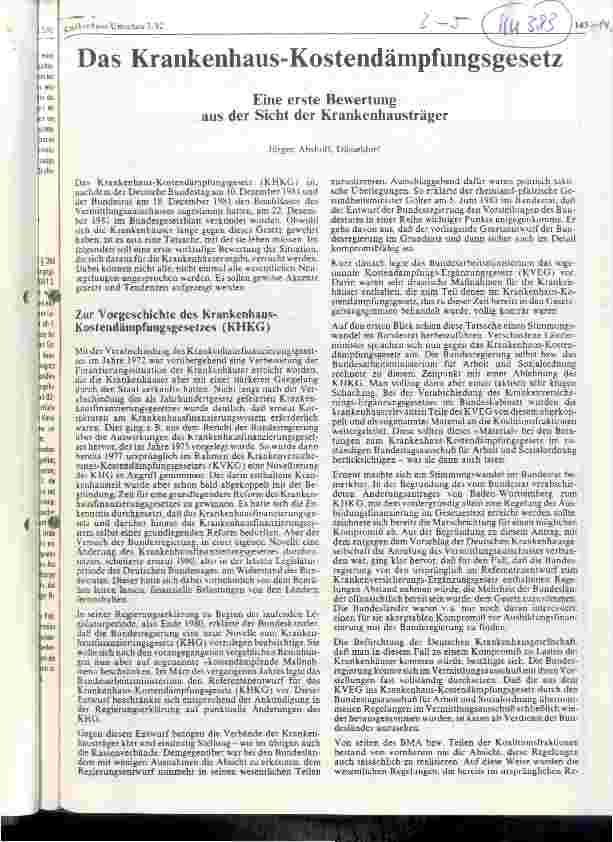 Vorschauseite 1: Das Kostendämpfungsgesetz, Kommentar - Bewertung aus der Sicht der Krankenhausträger