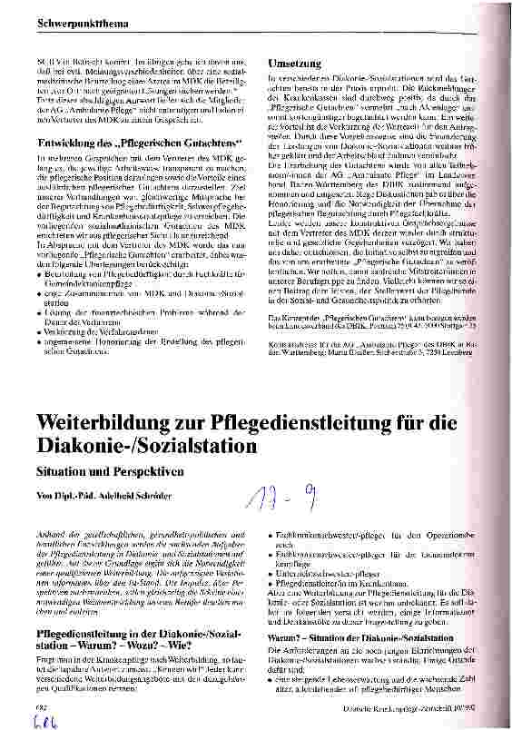 Vorschauseite 1: Weiterbildung zur Pflegedienstleitung für die Diakonie-/Sozialstation Situation und Perspektiven