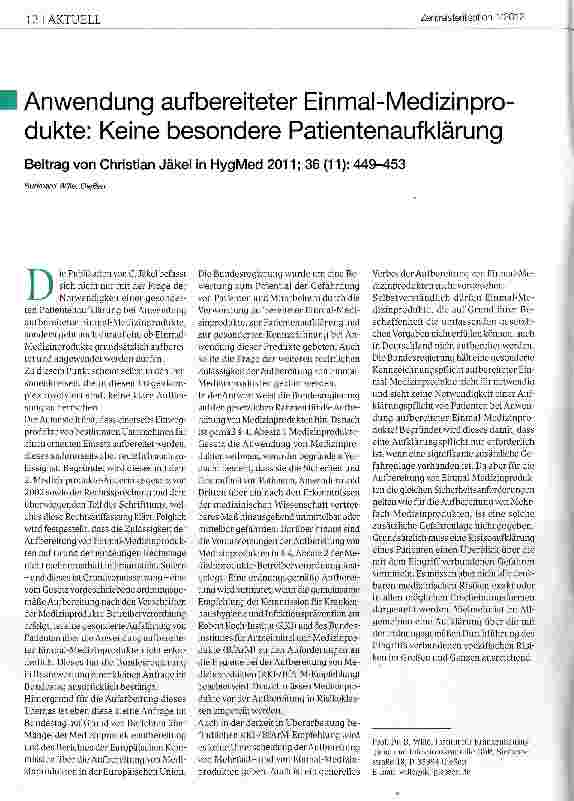 Vorschauseite 1: Anwendung aufbereiteter Einmal-Medizinpro-dukte: Keine besondere Patientenaufklärung