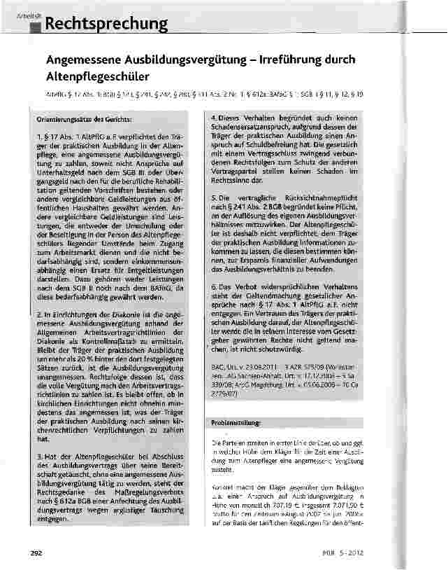 Vorschauseite 1: Angemessene Ausbildungsvergütung - Irreführung durch Altenpflegeschüler