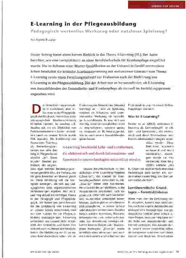 Vorschauseite 1: E-Learning in der Pflegeausbildung Pädagogisch wertvolles Werkzeug oder nutzloses Spielzeug