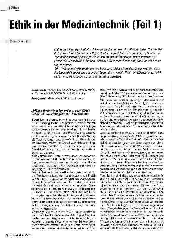 Vorschauseite 1: Ethik in der Medizintechnik (Teil 1)