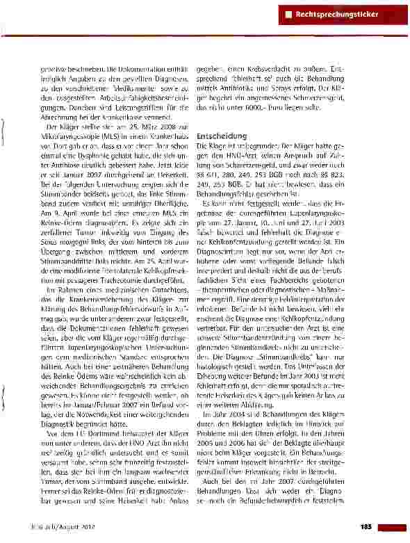 Vorschauseite 2: Schmerzensgeld wegen eines nicht erkannten Stimmbandkarzinoms IG Dortmund vom 9.2.2012 (4 0 7/10)