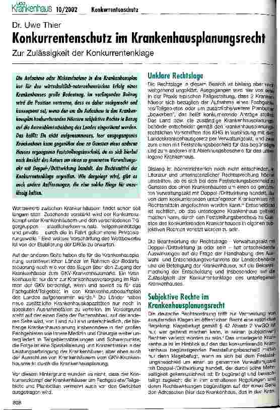 Vorschauseite 1: Konkurrentenschutz im Krankenhausplanungsrecht Zur Zulässigkeit der Konkurrentenklage