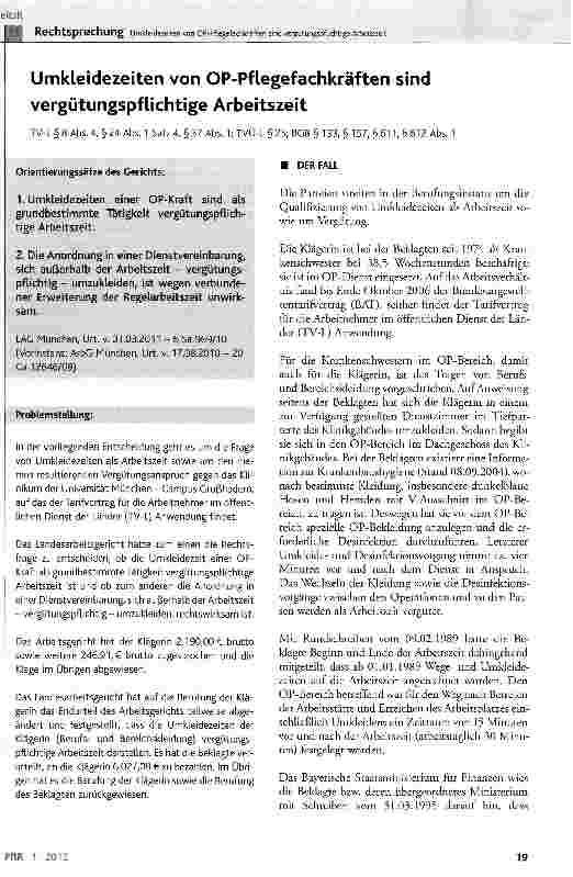 Vorschauseite 1: Umkleidezeiten von OP-Pflegefachkräften sind Vergütungspflichtige Arbeitszeit TV-L § 8 Abs. 4, § 24 Abs. 1 Satz 4, § 37 Abs. 1; TVÜ-L § 25; BGB § 133, § 157, § 611, § 612 Abs. 1