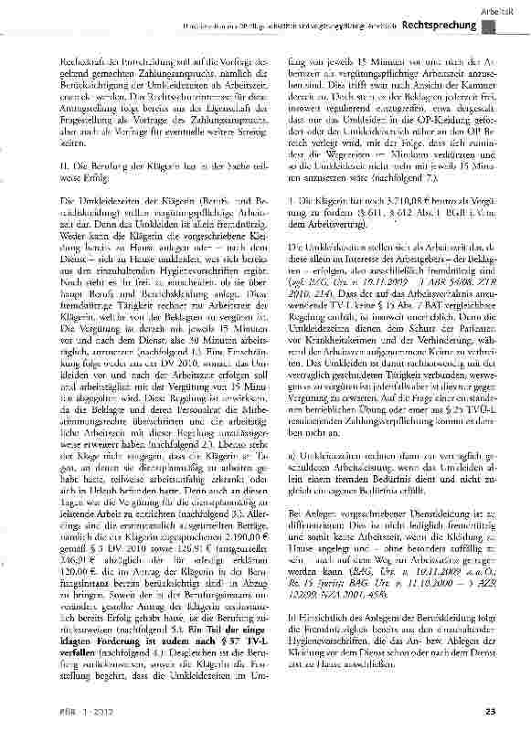 Vorschauseite 5: Umkleidezeiten von OP-Pflegefachkräften sind Vergütungspflichtige Arbeitszeit TV-L § 8 Abs. 4, § 24 Abs. 1 Satz 4, § 37 Abs. 1; TVÜ-L § 25; BGB § 133, § 157, § 611, § 612 Abs. 1