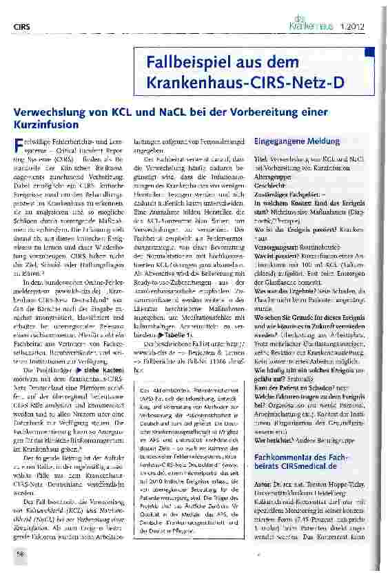 Vorschauseite 1: Verwechslung von KCL und NaCL bei der Vorbereitung einer Kurzinfusion