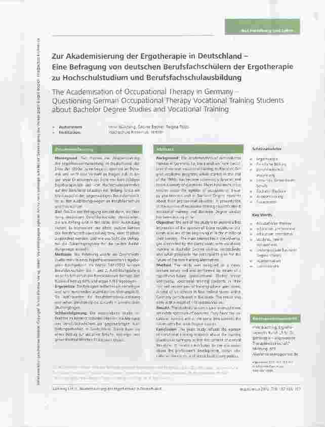 Vorschauseite 1: Zur Akademisierung der Ergotherapie in Deutschland -Eine Befragung von deutschen Berufsfachschülern der Ergotherapiezu Hochschulstudium und Berufsfachschulausbildung