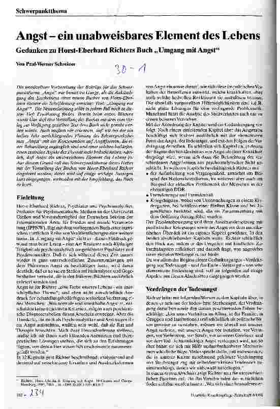 Vorschauseite 1: Angst - ein unabweisbares Element des Lebens Gedanken zu Horst-Eberhard Richters Buch Umgang mit Angst