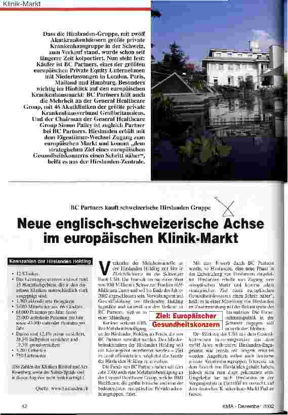 Vorschauseite 1: Neue englisch-schweizerische Achse im europäischen Klinik-Markt BC Partners kauft schweizerische Hirslanden Gruppe