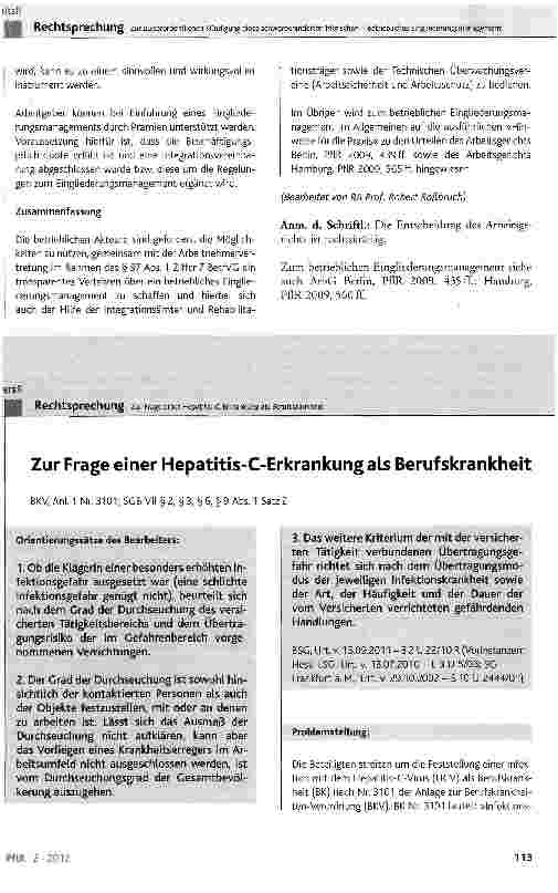 Vorschauseite 1: Zur Frage einer Hepatitis-C-Erkrankung als Berufskrankheit BKV, Anl. 1 Nr. 3101; SGB VII § 2, § 3, § 6, § 9 Abs. 1 Satz 2