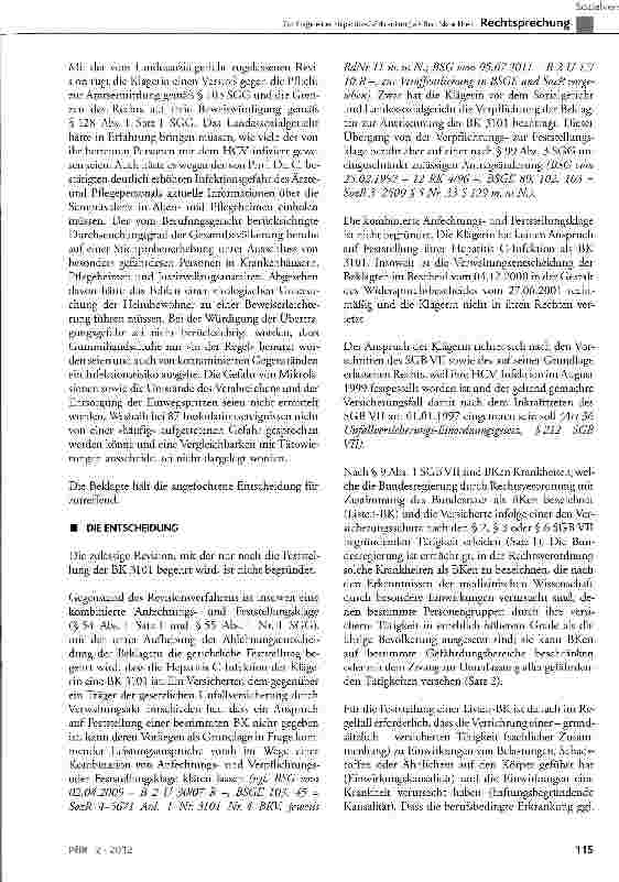 Vorschauseite 3: Zur Frage einer Hepatitis-C-Erkrankung als Berufskrankheit BKV, Anl. 1 Nr. 3101; SGB VII § 2, § 3, § 6, § 9 Abs. 1 Satz 2