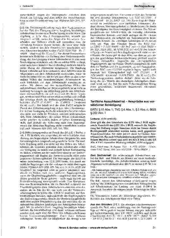 Vorschauseite 1: Tarifliche Ausschlussfrist - Ansprüche aus vorsätzlicher Schädigung BRTV§15 Abs. 1; TVG §4Abs. 1, §5 Abs. 4; BGB §202 Abs. 1