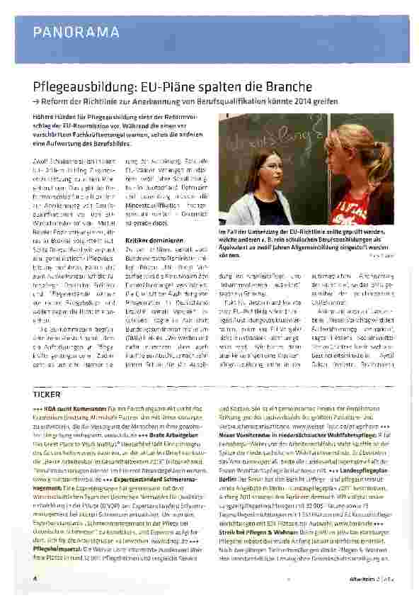 Vorschauseite 1: Pflegeausbildung: EU-Pläne spalten die Branche