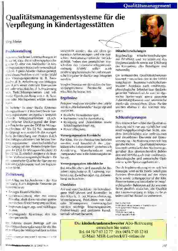 Vorschauseite 1: Qualitätsmanagementsysteme für die Verpflegung in Kindertagesstätten
