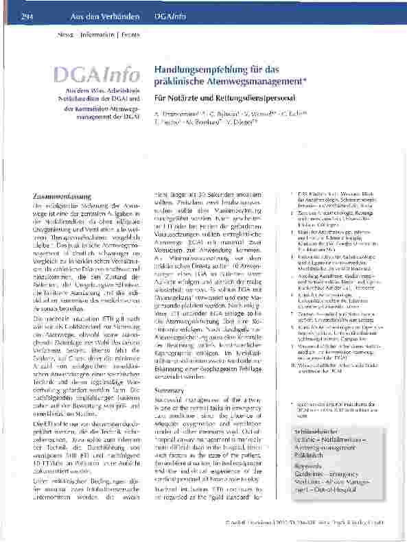 Vorschauseite 1: Handlungsempfehlung für das präklinische Atemwegsmanagement