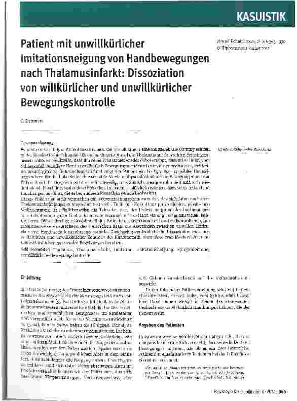 Vorschauseite 1: Patient mit unwillkürlicher Imitationsneigung von Handbewegungen nach Thalamusinfarkt: Dissoziation von willkürlicher und unwillkürlicher Bewegungskontrolle