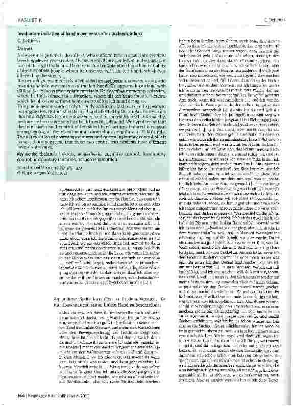 Vorschauseite 2: Patient mit unwillkürlicher Imitationsneigung von Handbewegungen nach Thalamusinfarkt: Dissoziation von willkürlicher und unwillkürlicher Bewegungskontrolle