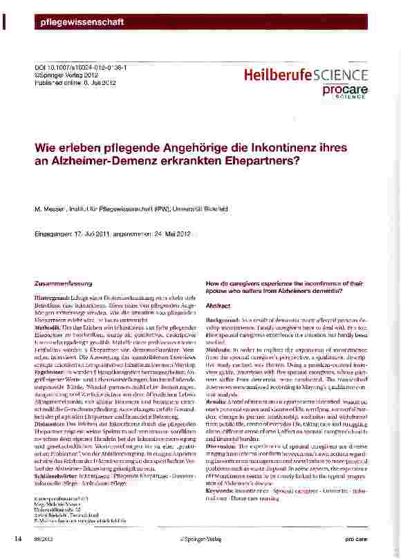 Vorschauseite 1: Wie erleben pflegende Angehörige die Inkontinenz ihres an Alzheimer-Demenz erkrankten Ehepartners?