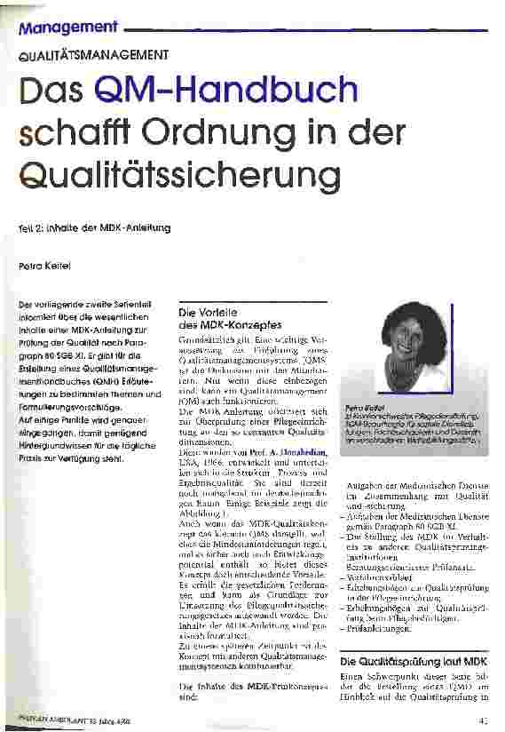 Vorschauseite 1: Das QM-Handbuch schafft Ordnung in der Qualitätssicherung Teil 2: Inhalte der MDK-Anleitung