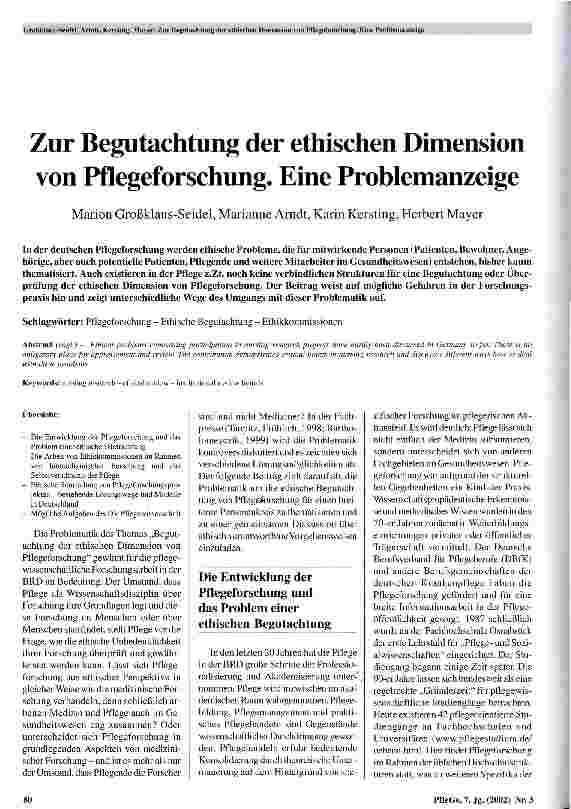 Vorschauseite 1: Zur Begutachtung der ethischen Dimension von Pflegeforschung Eine Problemanzeige