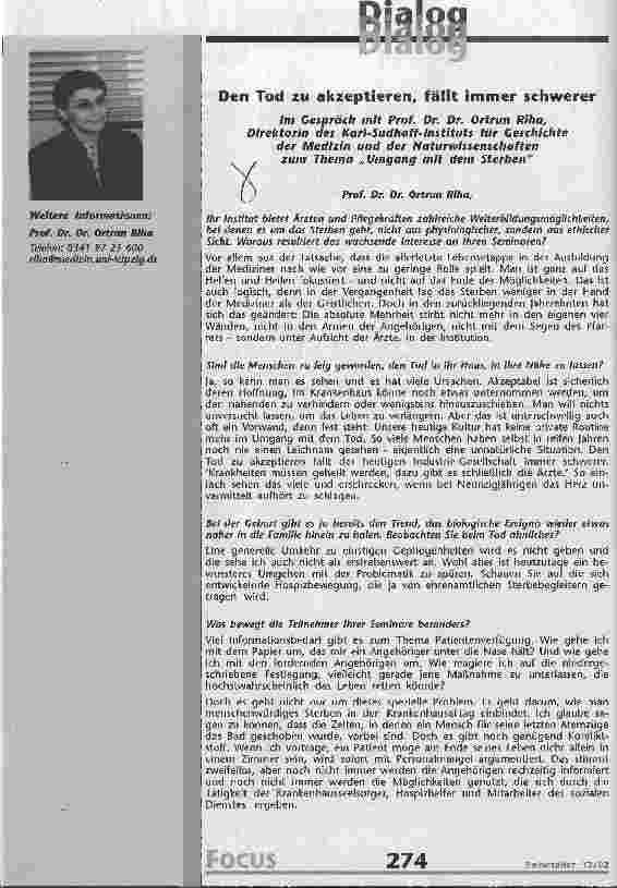 Vorschauseite 1: Den Tod zu aktzeptieren, fällt immer schwerer Im Gespräch mit Prof. Dr. Dr. Ortrun Riha, Direktorin des Karl-Sudhoff-Instituts für Geschichte der Medizin und der Naturwissenschaft…