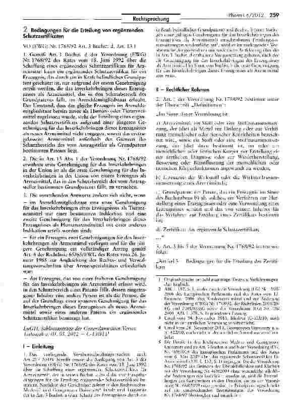 Vorschauseite 1: Bedingungen für die Erteilung von ergänzenden Schurzzertifikaten VO (EWG) Nr. 1768/92 Art. 3 Buchst d, Art. 13 I