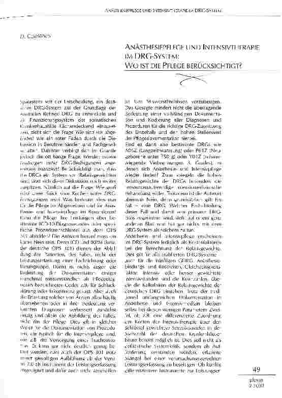 Vorschauseite 1: Anästhesiepflege und Intensivtherapie im DRG-System Wo ist die Pflege berücksichtigt?