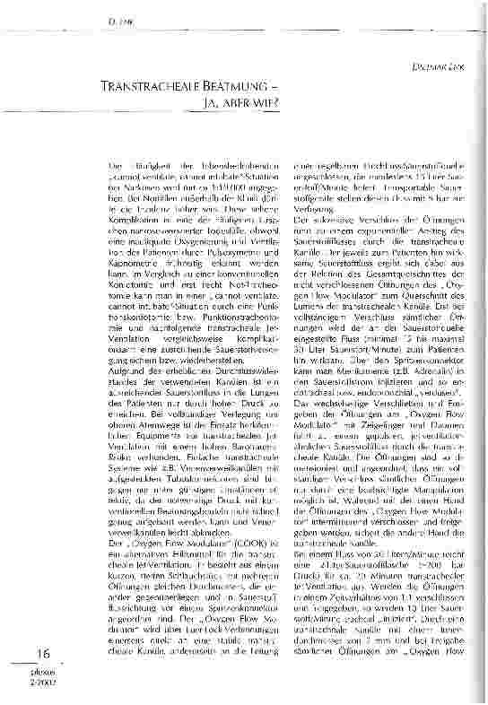Vorschauseite 1: Transtracheale Beatmung - ja, aber wie?
