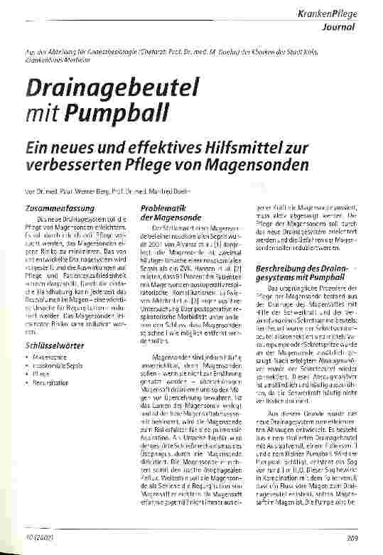 Vorschauseite 1: Drainagebeutel mit Pumpball Ein neues und effektives Hilfsmittel zur verbesserten Pflege von Magensonden