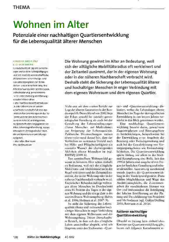 Vorschauseite 1: Wohnen im Alter Potenziale einer nachhaltigen Quartiersentwicklung für die Lebensqualität älterer Menschen