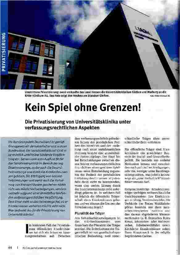 Vorschauseite 1: Kein Spiel ohne Grenzen! Die Privatisierung von Universitätsklinika unter verfassungsrechtlichen Aspekten