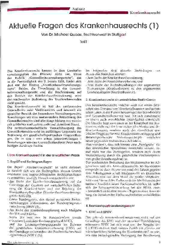 Vorschauseite 1: Aktuelle Fragen des Krankenhausrechts (1) Teil 1