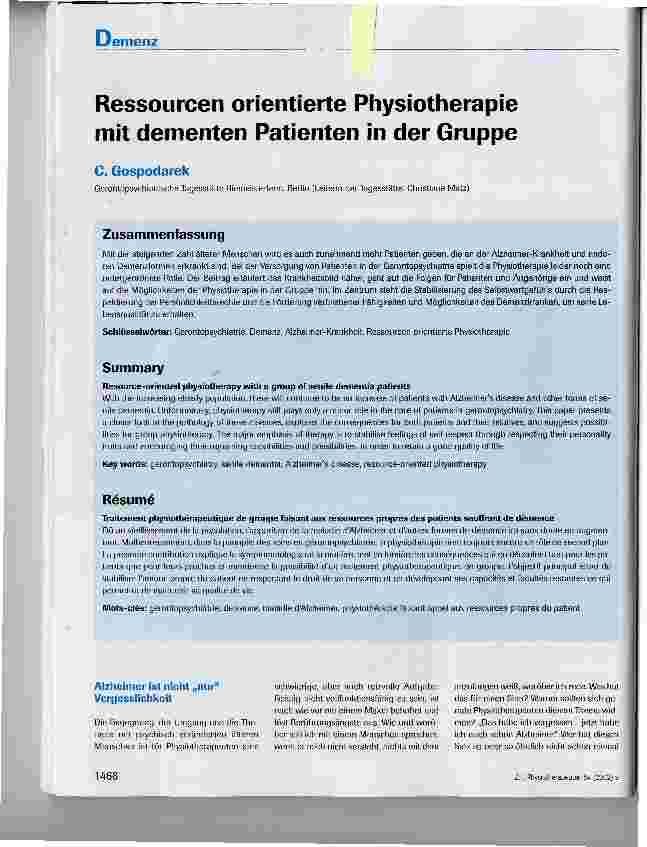 Vorschauseite 1: Ressourcen orientierte Physiotherapie mit dementen Patienten in der Gruppe