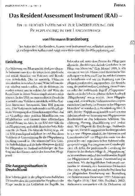 Vorschauseite 1: Das Resident Assessment Instrument (RAI) Ein hilfreiches Instrument zur Unterstützung der Pflegeplanung in der Langzeitpflege