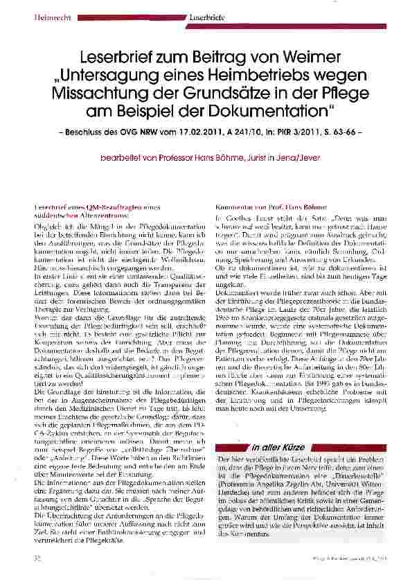 Vorschauseite 1: Leserbrief zum Beitrag von Weimer „Untersagung eines Heimbetriebs wegen Missachtung der Grundsätze in der Pflege am Beispiel der Dokumentation