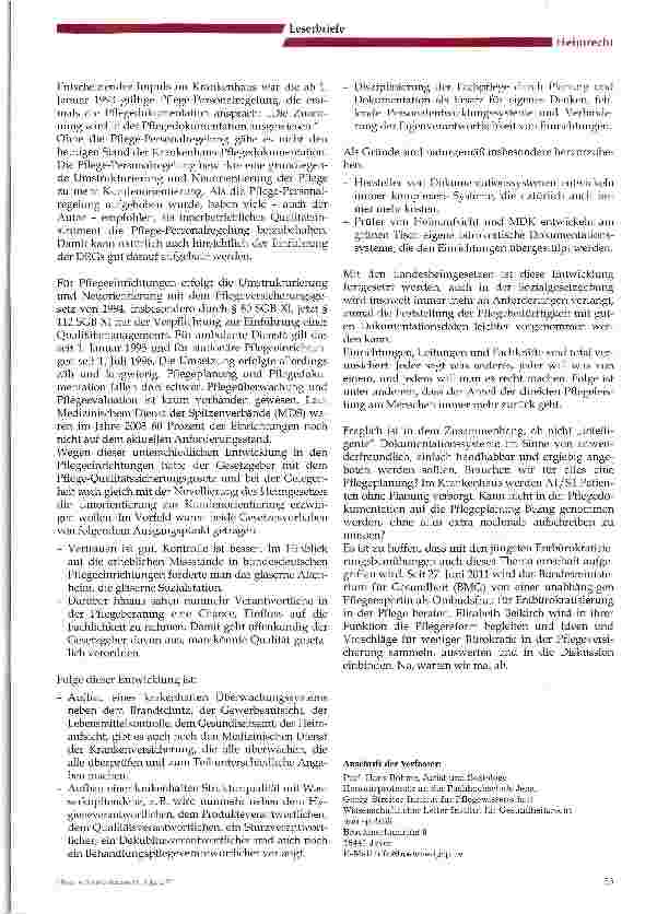 Vorschauseite 2: Leserbrief zum Beitrag von Weimer „Untersagung eines Heimbetriebs wegen Missachtung der Grundsätze in der Pflege am Beispiel der Dokumentation