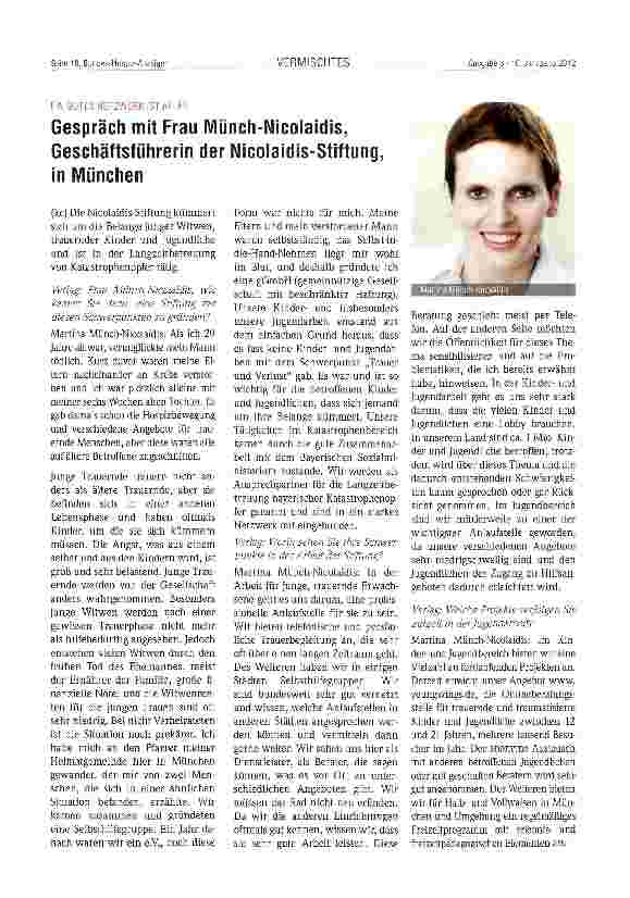Vorschauseite 1: Gespräch mit Frau Münch-Nicolaidis, Geschäftsführerin der Nicolaidis-Stiftung, in München