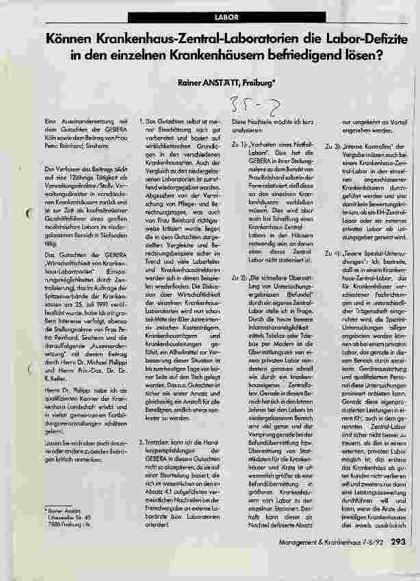 Vorschauseite 1: Können Krankenhaus-Zentral-Laboratorien die Labor-Defizite in den einzelnen Krankenhäusern befriedigend lösen?